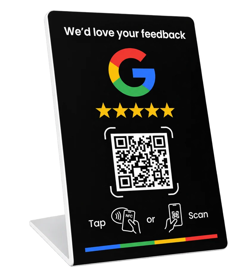 VMS Tap and Scan Stand in black, with a Google review QR code and NFC tap area